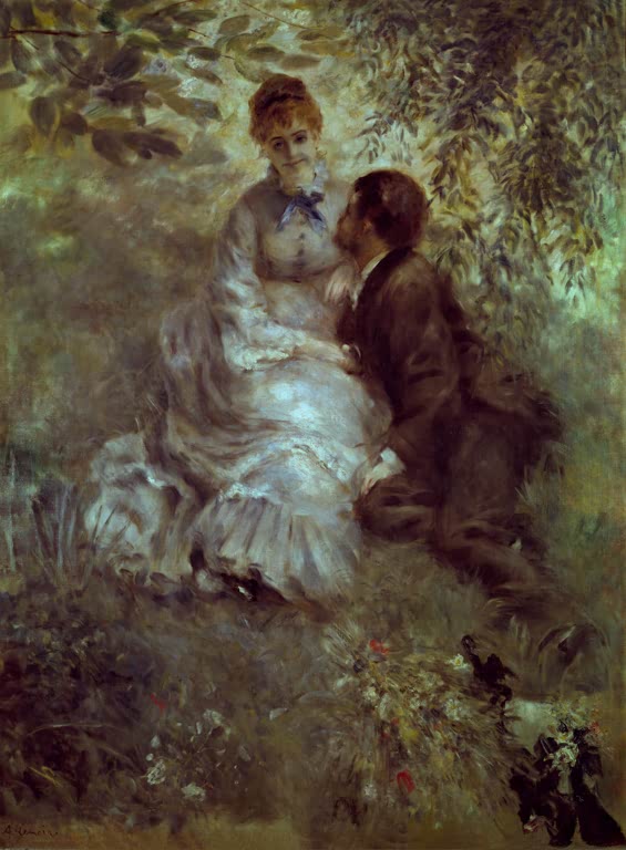 Paar im Grünen, ein Mann beugt sich zur Frau im weißen Kleid – Pierre-Auguste Renoir Les amoureux Kunstkopie