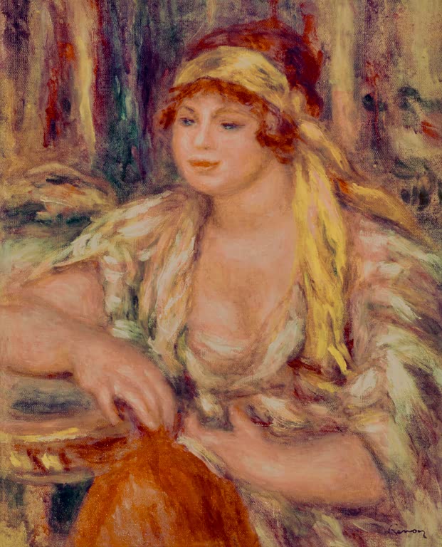 Frau mit gelbem Kopftuch stützt sich am Tisch auf den Arm – Pierre-Auguste Renoir Madame Renoir au turban jaune Kunstkopie