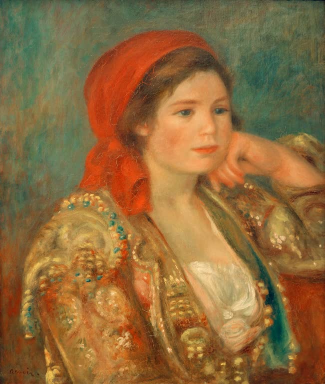 Mädchen mit rotem Kopftuch und reich verzierter Jacke – Pierre-Auguste Renoir Mädchen mit spanischer Jacke Kunstkopie