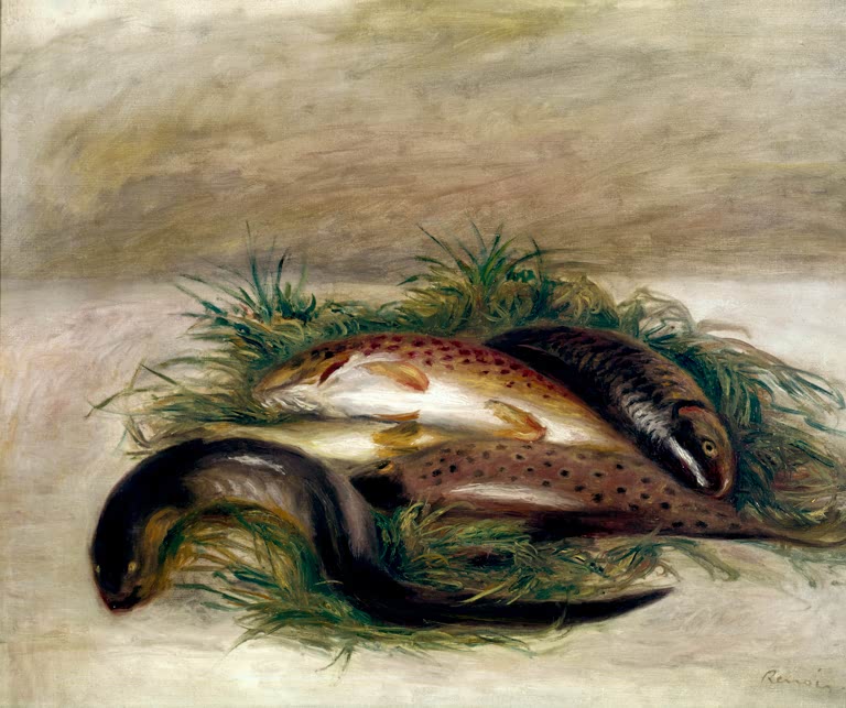 Stillleben mit Forellen und Aal auf Grasbüscheln – Pierre-Auguste Renoir Nature morte aux poissons Kunstkopie