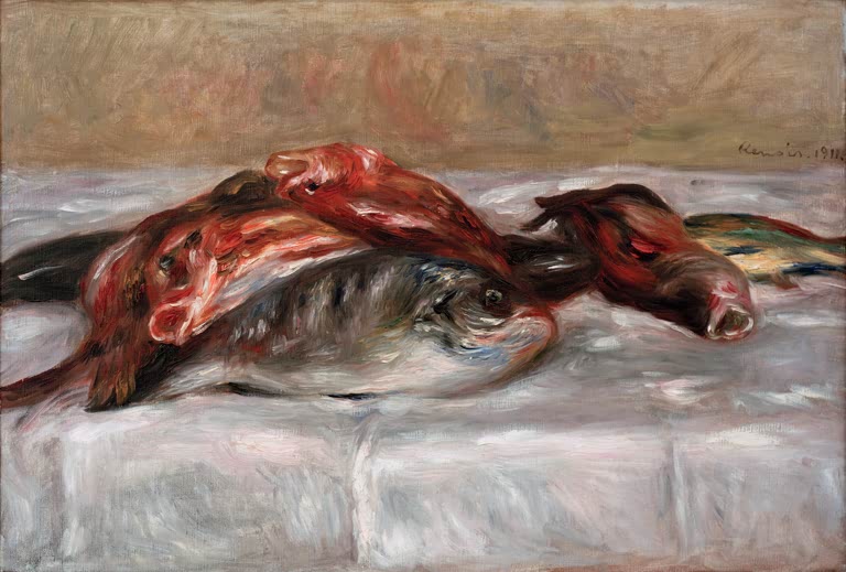 Rote und graue Fische liegen auf einem weißen Tuch – Pierre-Auguste Renoir Nature morte aux poissons Kunstkopie
