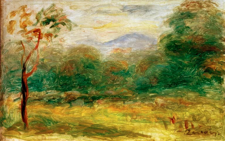 Hügelige Landschaft mit Bäumen und fernem Bergmassiv – Pierre-Auguste Renoir Paysage du Midi (Cagnes) Kunstkopie