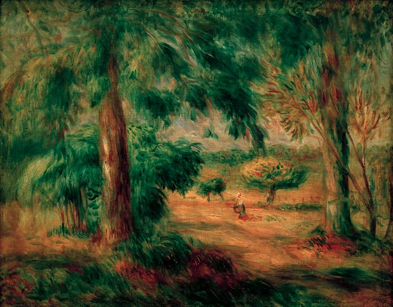 Sonnige Landschaft mit hohen Bäumen und rotem Weg – Pierre-Auguste Renoir Paysage du Midi Kunstkopie