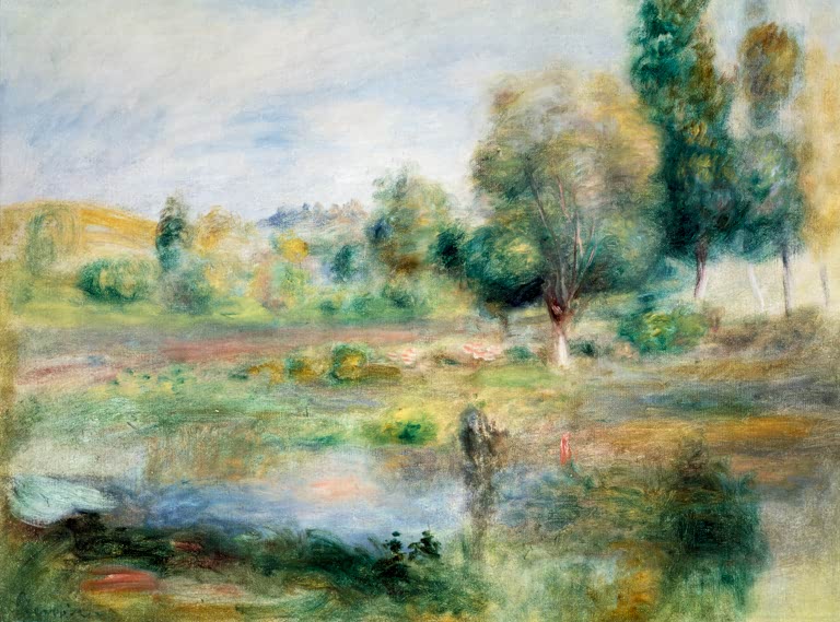 Weite Landschaft mit Teich, Wiesen und Bäumen – Pierre-Auguste Renoir Paysage Kunstkopie