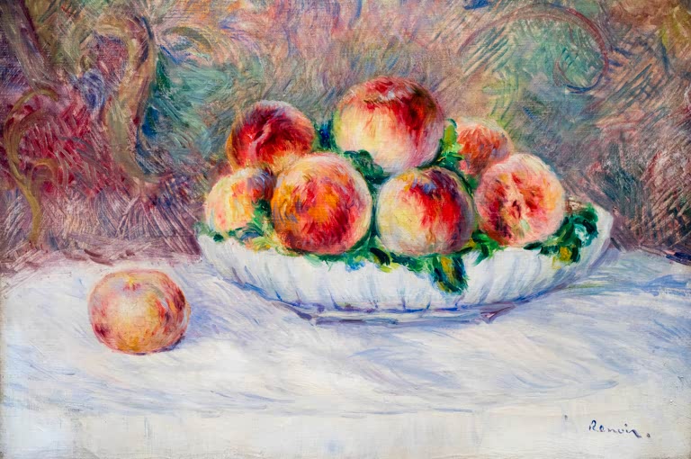 Schale mit reifen Pfirsichen auf weißem Tischtuch – Pierre-Auguste Renoir Pfirsiche Kunstkopie