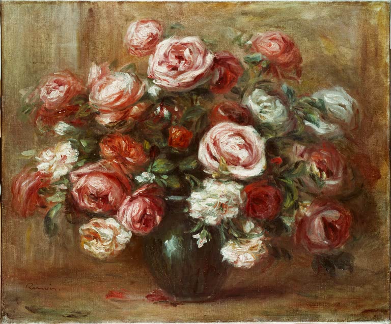 Rosenstrauß in dunkler Vase mit roten und weißen Blüten – Pierre-Auguste Renoir Rosenstilleben Kunstkopie