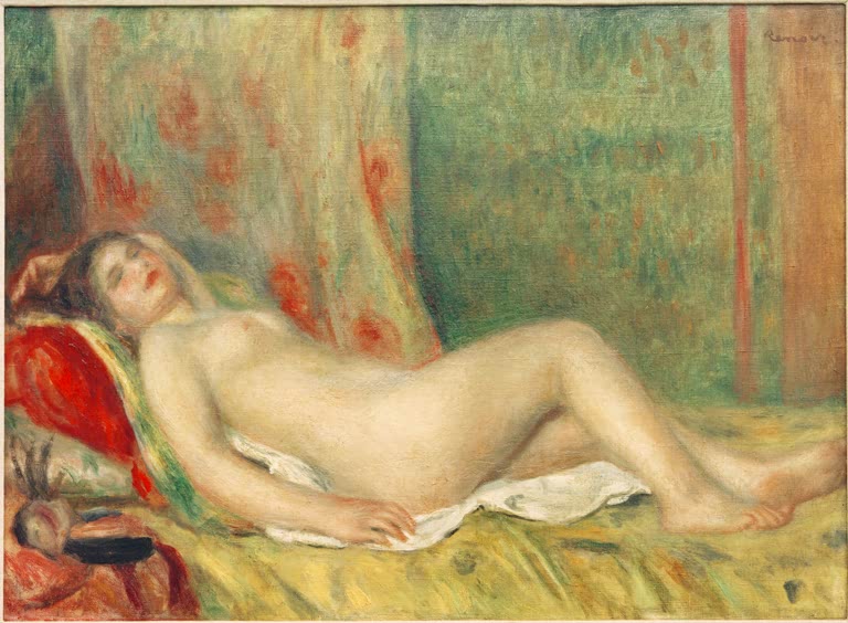 Ruhender weiblicher Akt auf gelbem Sofa vor gemustertem Vorhang – Pierre-Auguste Renoir Ruhender Akt Kunstkopie