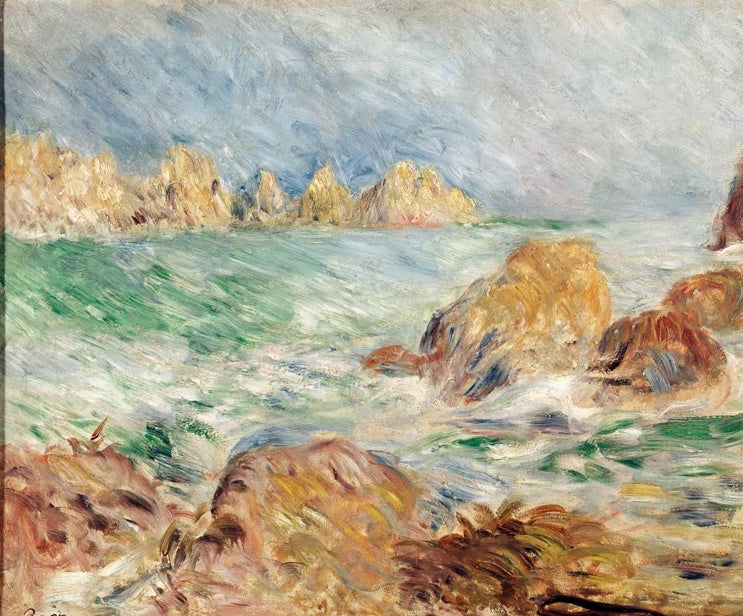 Pierre-Auguste Renoir Seestück von Guernsey Kunstkopie, türkisfarbene Brandung bricht sich an bräunlichen Felsen