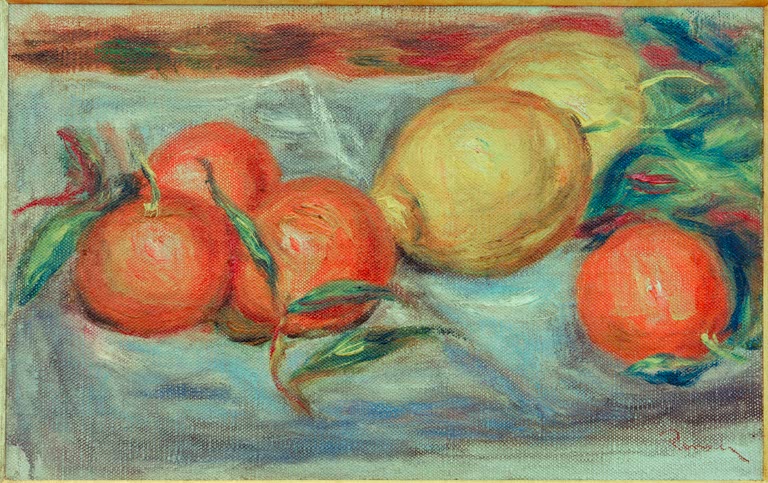 Orangen und Zitrone liegen nebeneinander auf blauem Tuch – Pierre-Auguste Renoir Stilleben mit Zitrusfrüchten Kunstkopie
