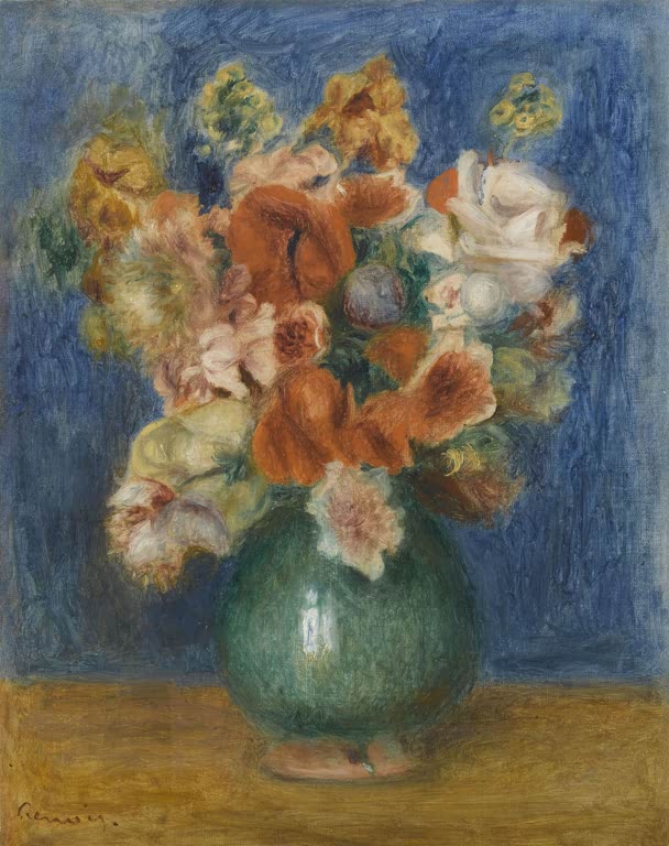 Blumenstrauß in grüner Vase vor blauem Hintergrund – Pierre-Auguste Renoir Strauß Kunstkopie