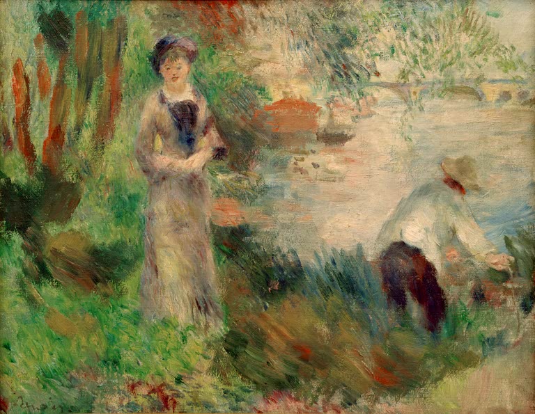Frau im Spitzenkleid am Ufer, daneben ein Mann bei der Arbeit – Pierre-Auguste Renoir Ile de Chatou Kunstkopie