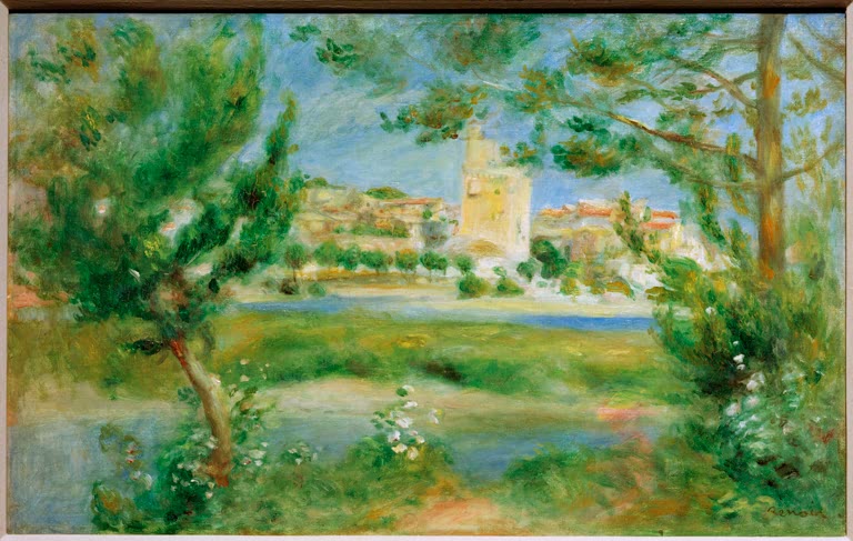 Blick über Wiesen auf die Stadt mit Turm unter blauem Himmel – Pierre-Auguste Renoir Villeneuveles-Avignon Kunstkopie