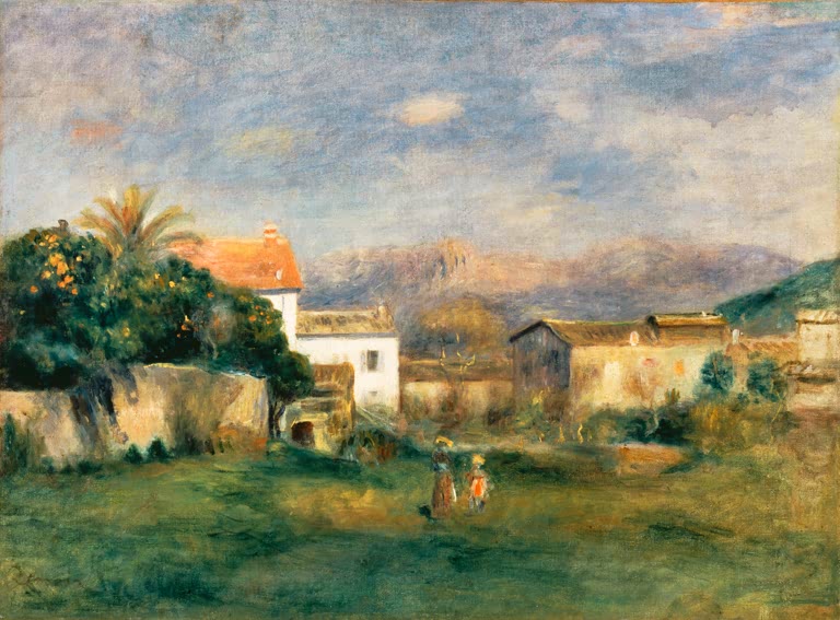 Häuser mit rotem Dach und Palme in sonniger Hügellandschaft – Pierre-Auguste Renoir Vue de Cagnes Kunstkopie