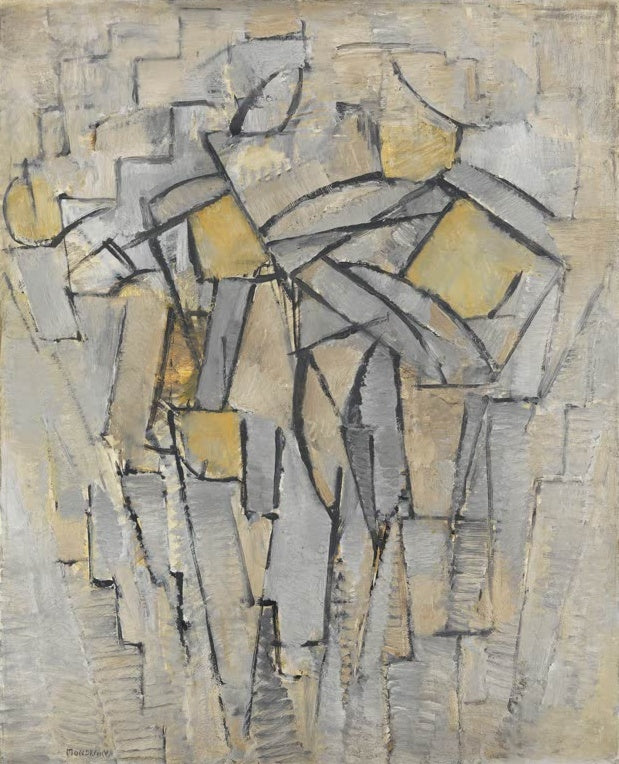 Piet Mondrian Komposition Nr. XIII Kunstkopie, kubistisch zerlegte Formen in Grau und Ocker mit dunklen Konturlinien