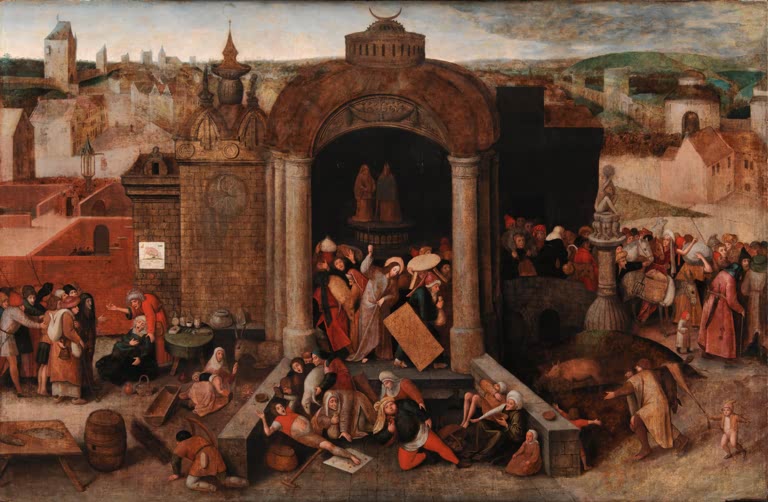 Händler im Torbogen vertrieben – Pieter Bruegel der Ältere Christus treibt die Händler aus dem Tempel Kunstkopie