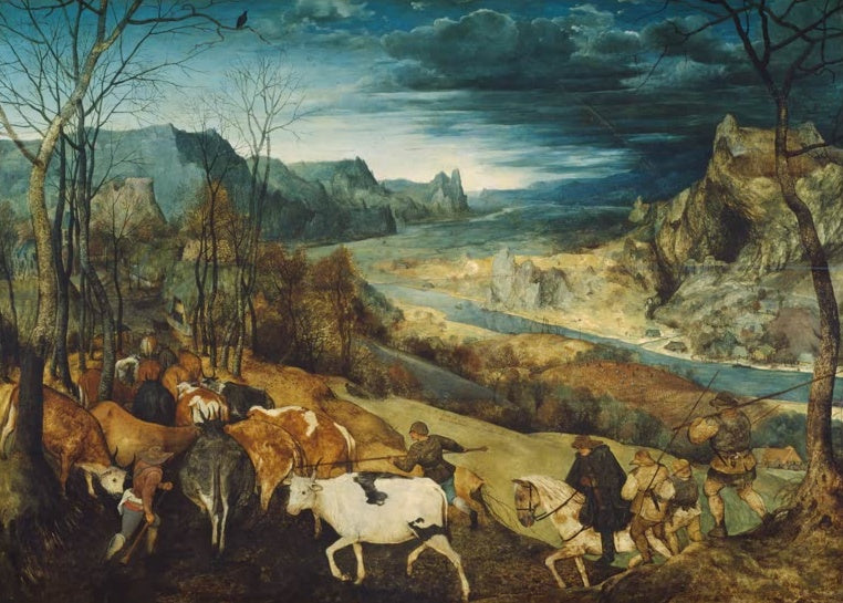 Rinderherde und Hirten auf dem Heimweg durchs Flusstal – Pieter Bruegel der Ältere Die Heimkehr der Herde Kunstkopie