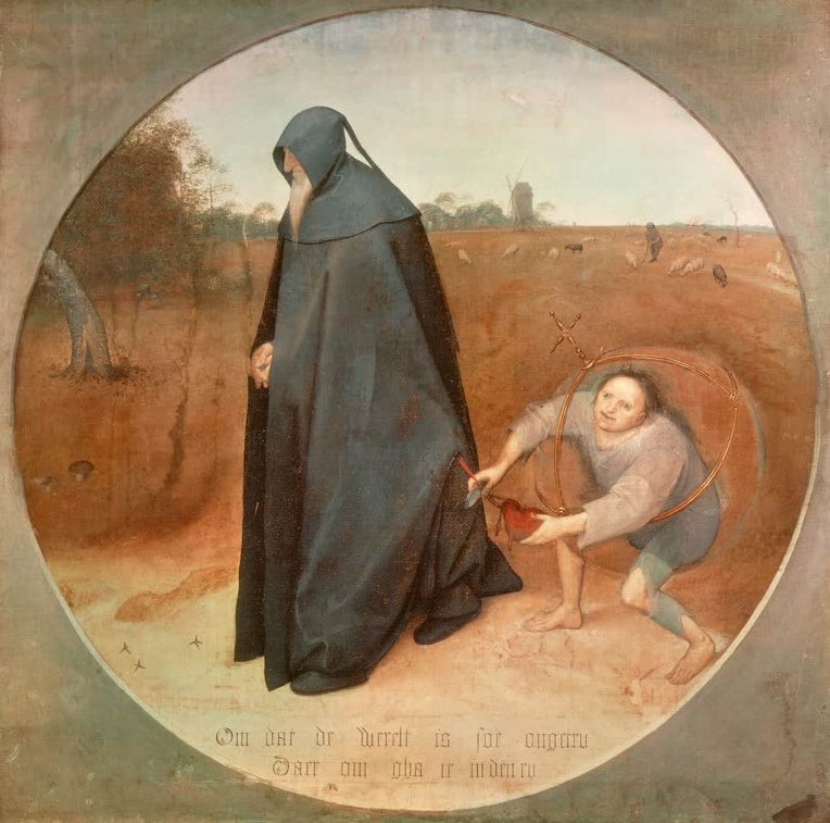 Verhüllter Mann und kleiner Mann mit Messer und Reifen – Pieter Bruegel der Ältere Die Treulosigkeit der Welt Kunstkopie