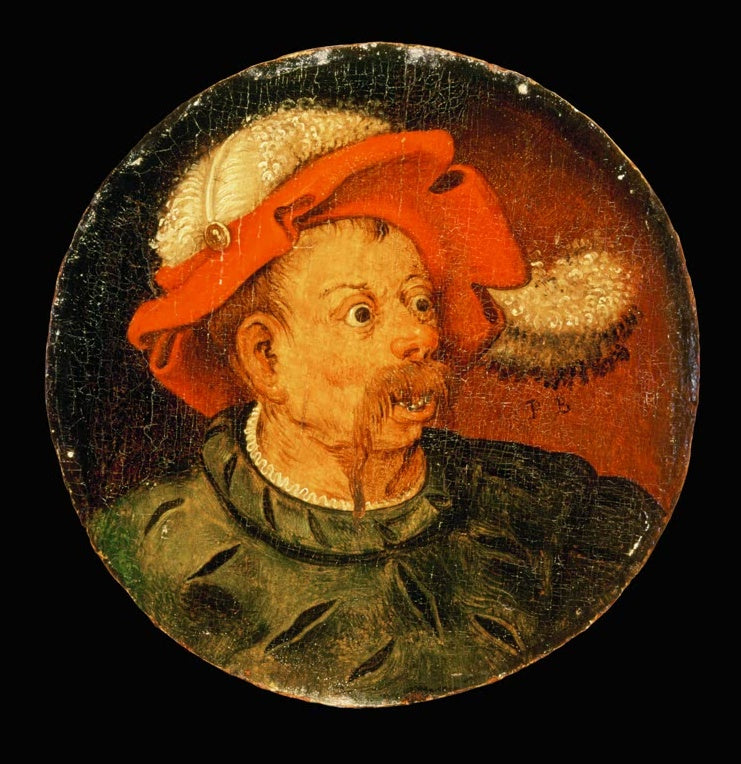 Kopf mit rotem Federhut und Schnurrbart im Rund – Pieter Bruegel der Ältere Kopf eines Landsknechts Kunstkopie