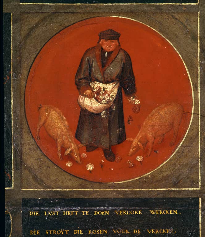 Mann streut Rosen vor Schweine, rotes Rund – Pieter Bruegel der Ältere Rosen vor die Säue werfen Kunstkopie