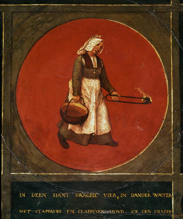 Frau mit Eimer und Feuerzange – Pieter Bruegel der Ältere Sie trägt Wasser in der einen Hand Kunstkopie