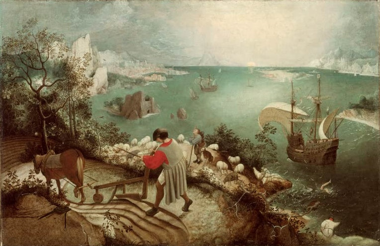 Pflügender Bauer an der Küste, im Meer stürzt Ikarus ins Wasser – Pieter Bruegel der Ältere Sturz des Ikarus Kunstkopie