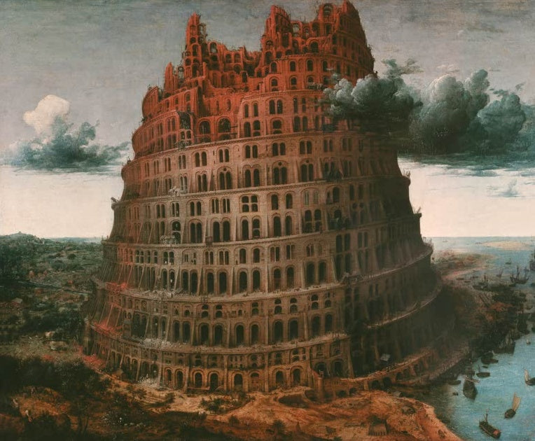 Rötlicher Turm zu Babel mit Schiffen im Hafen am Meer – Pieter Bruegel der Ältere Turmbau zu Babel Kunstkopie