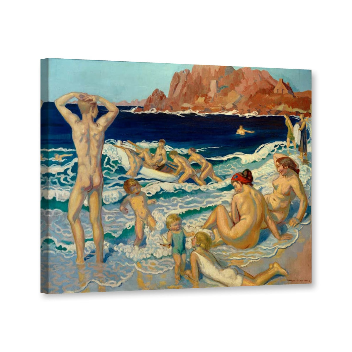 Plage au canot et à l'homme nu – Baigneurs à Perros-Guirec von Maurice Denis als Leinwand – Perspektivansicht