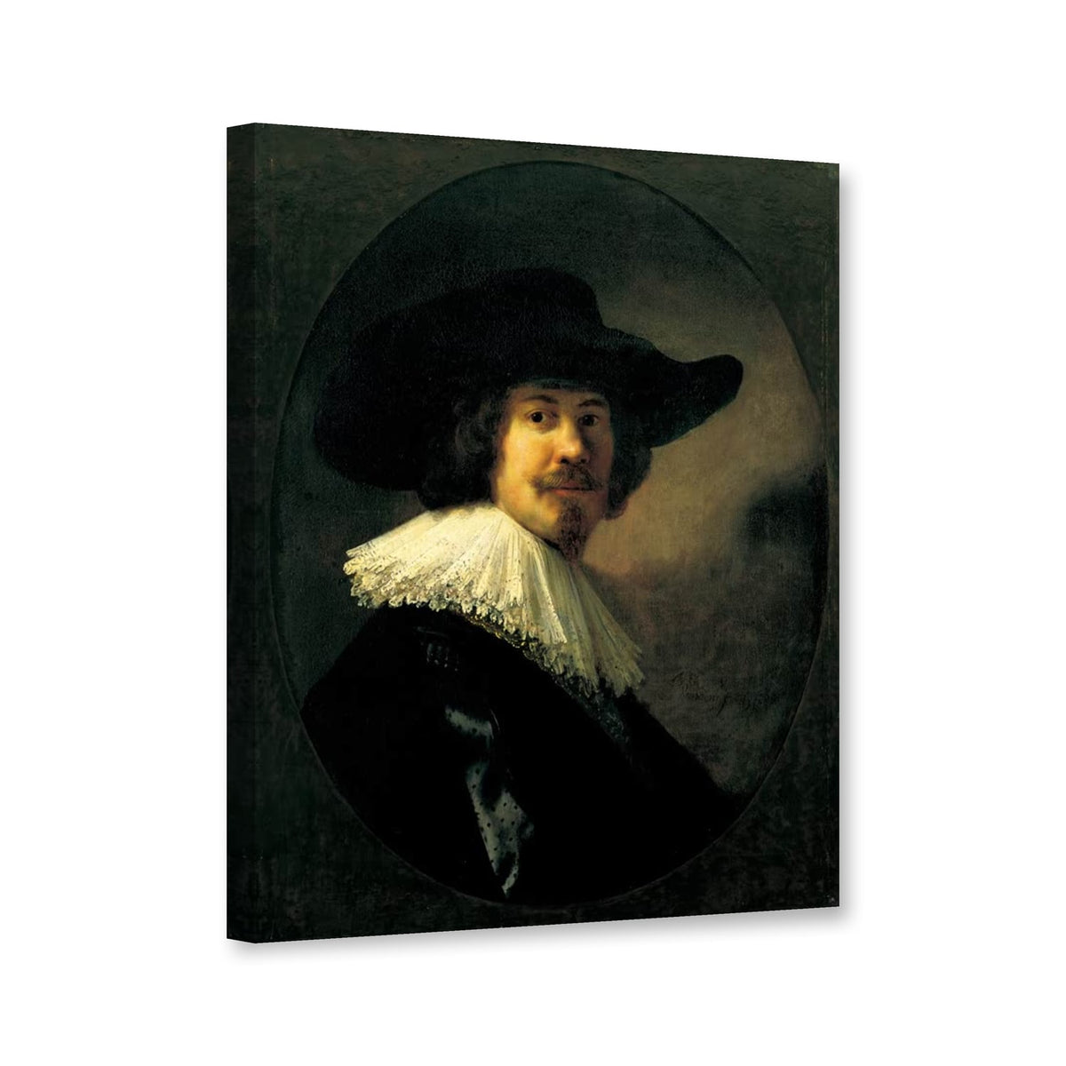 Porträt eines Mannes mit breitrandigem Hut von Rembrandt van Rijn als Leinwand – Perspektivansicht