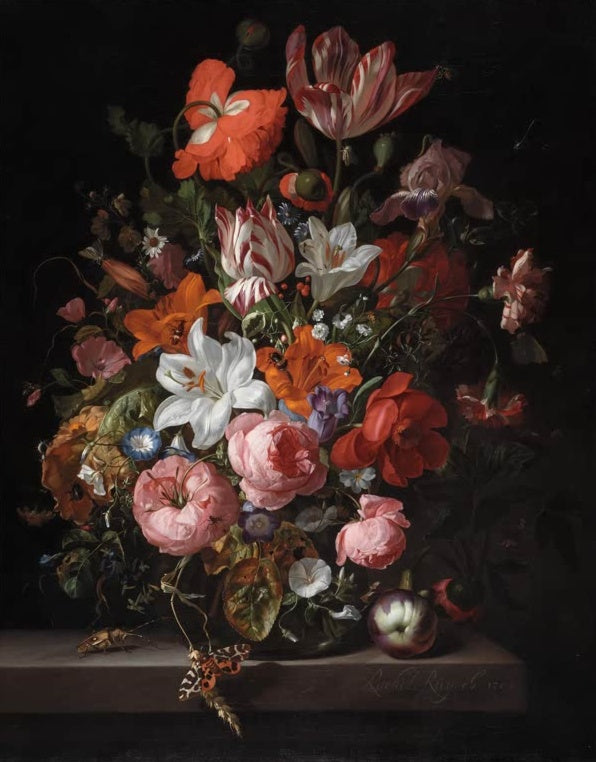 Rachel Ruysch Blumen in einer Glasvase mit Lilien Kunstkopie, weiße und orange Lilien, Rosen, Tulpen und Mohn