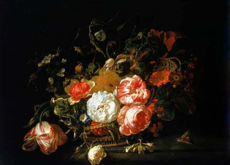 Rachel Ruysch Blumenkorb mit Rosen und Tulpe Kunstkopie, rosa und weiße Rosen, Tulpe und Ringelblume in einem Weidenkorb