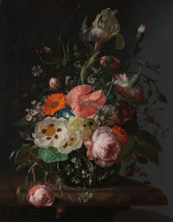 Rachel Ruysch Blumenstillleben auf Marmortisch Kunstkopie, Rosen, Mohn und Iris in Glasvase mit Insekten