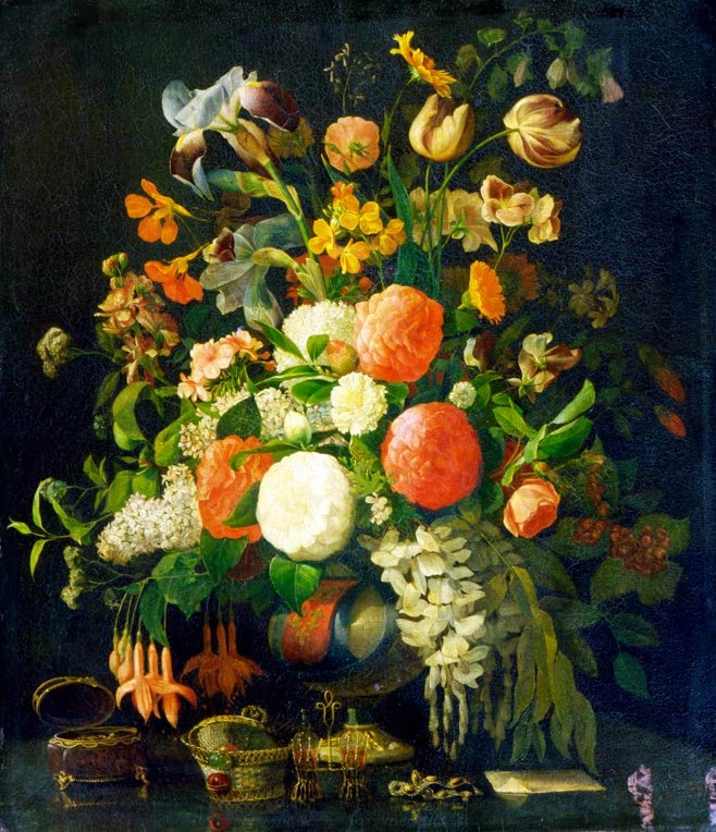 Rachel Ruysch Blumenstillleben mit Fuchsien und Schmuckkästchen Kunstkopie, üppiger Strauß in Orange und Weiß auf Tischkante