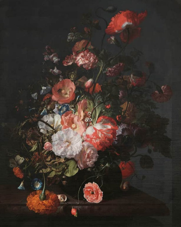 Rachel Ruysch Blumenstillleben mit Mohn Kunstkopie, Mohn, Stockrosen, Nelken und Rosen über einer Marmorplatte