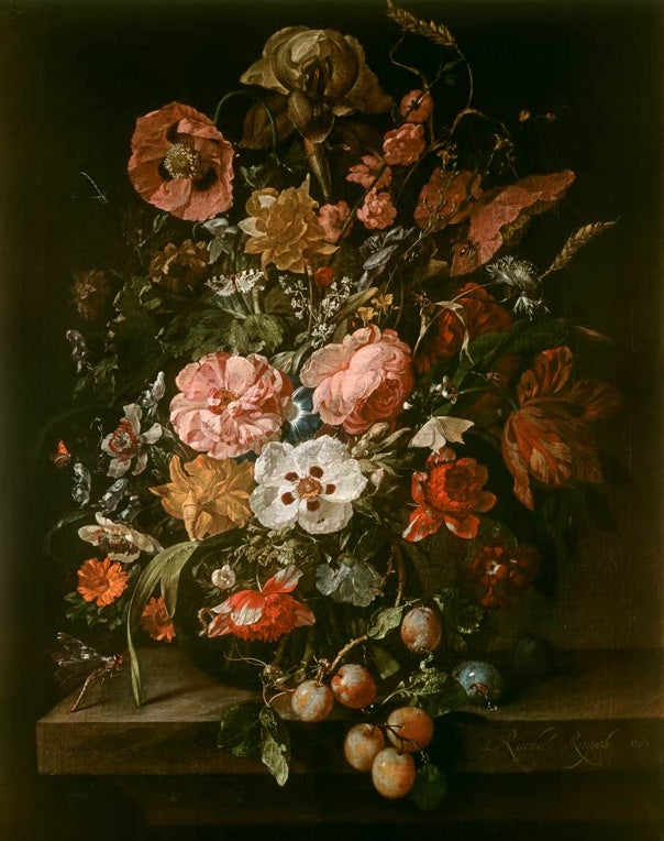 Rachel Ruysch Blumenstrauß mit Pflaumen und Libelle Kunstkopie, Mohn, Iris und Rosen über einer Steinplatte mit Früchten