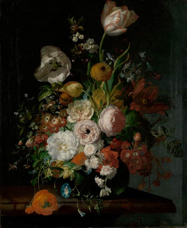 Rachel Ruysch Stillleben mit Blumen in einer Glasvase Kunstkopie, weiße Tulpe, Rosen und Mohn auf einer Marmorplatte