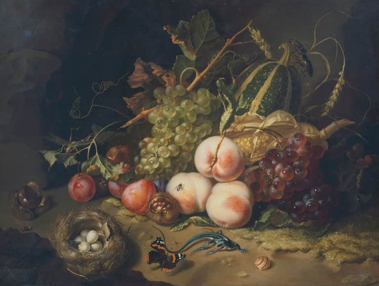 Rachel Ruysch Stillleben mit Früchten und Insekten Kunstkopie, Trauben, Pfirsiche, Vogelnest, Eidechse und Falter auf Moos