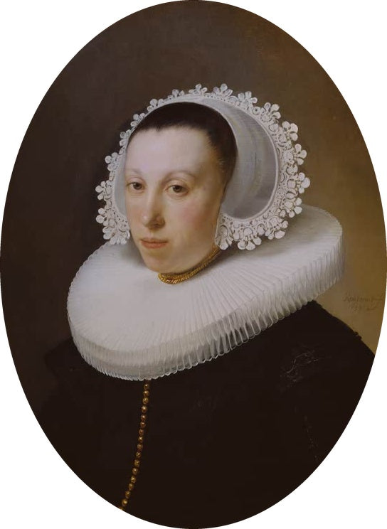 Rembrandt van Rijn Bildnis einer Dame Kunstkopie, Frau mit Spitzenhaube, Mühlsteinkragen und goldener Halskette im Oval