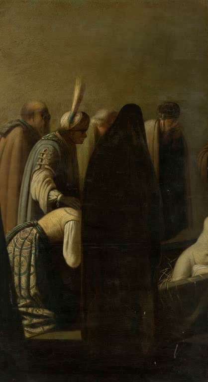 Rembrandt van Rijn Die Auferweckung des Lazarus Kunstkopie, Zeugen mit Federturban und Lazarus auf Stroh im Halbdunkel