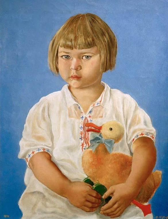Mädchen mit Pagenkopf hält ein Stoffentchen vor Blau – Rudolf Schlichter Bildnis eines zweijährigen Mädchens Kunstkopie