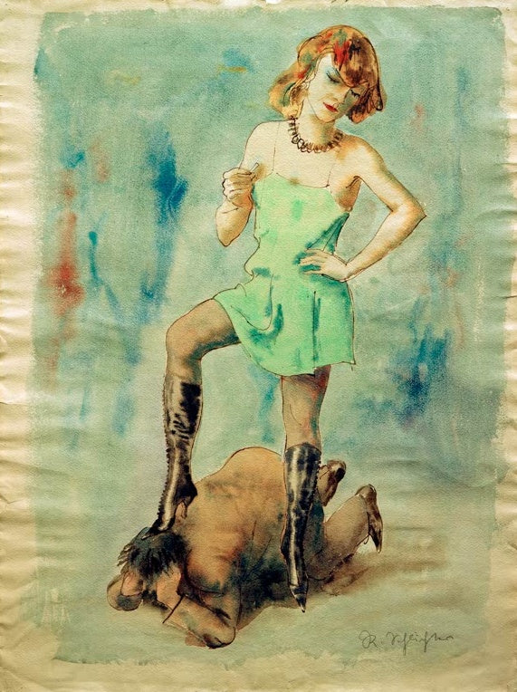 Frau in grünem Kleid mit hohen Stiefeln steht auf einer Gestalt vor türkisem Grund – Rudolf Schlichter Domina Mea Kunstkopie