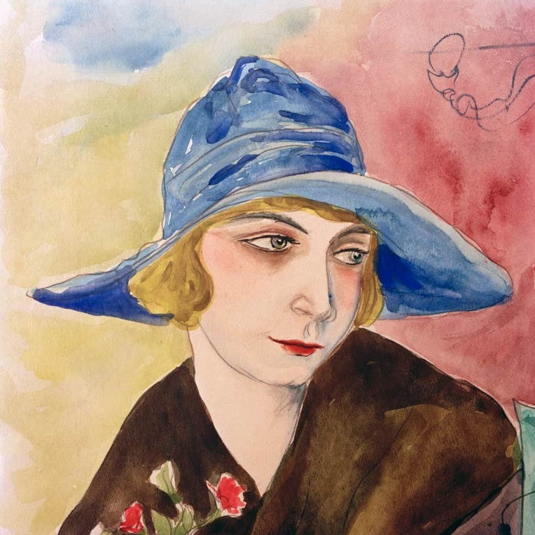 Frau mit blauem Hut vor rosa Grund, Ausschnitt – Rudolf Schlichter Gruß aus Lesbos (Ausschnitt) Kunstkopie
