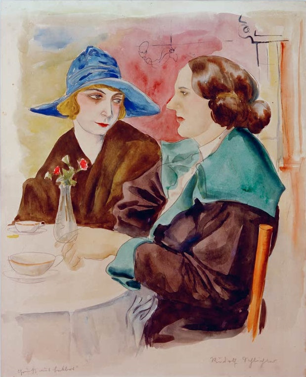Zwei Frauen am Café-Tisch, die eine mit blauem Hut, vor farbigem Aquarellgrund – Rudolf Schlichter Gruß aus Lesbos Kunstkopie