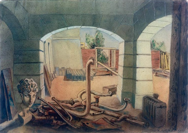 Gewölbter Kellerraum mit verbogenen Rohren und Marmorkopf, Blick in einen Hof – Rudolf Schlichter Im Lager Kunstkopie