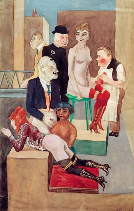 Gesellschaft aus Männern und Frauen in Stiefeln um einen Hocker – Rudolf Schlichter Zusammenkunft der Fetischisten Kunstkopie