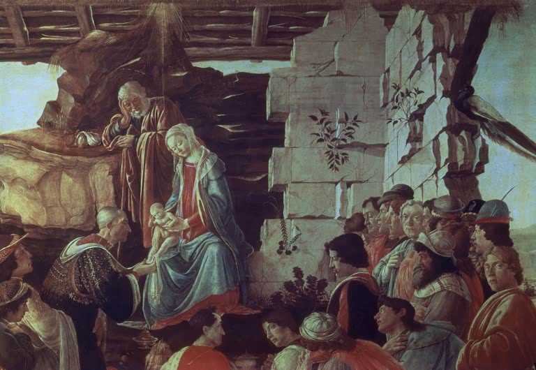 Maria mit Kind und Anbetende unter Stalldach, Ausschnitt – Sandro Botticelli Anbetung der Könige Kunstkopie