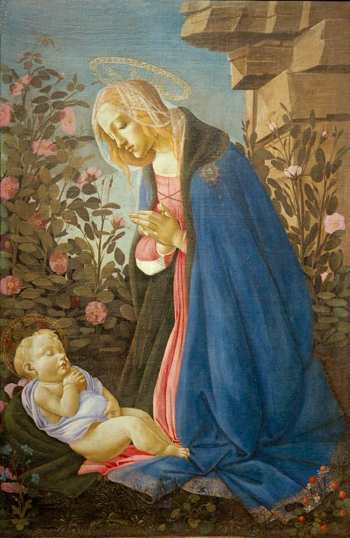 Maria kniet betend vor dem schlafenden Kind – Sandro Botticelli Anbetung des Kindes (Madonna Wemyss) Kunstkopie