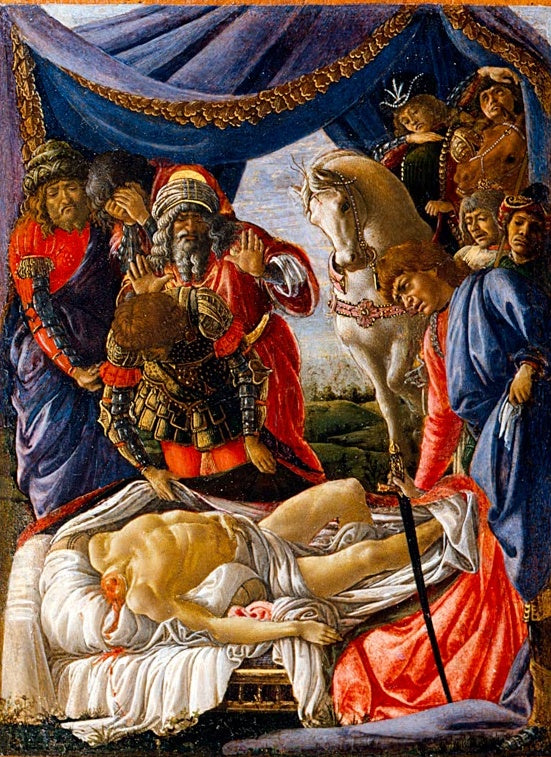 Toter Holofernes auf dem Lager, Krieger und weißes Pferd – Sandro Botticelli Auffindung des toten Holofernes Kunstkopie