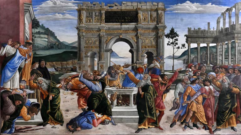 Fresko mit Triumphbogen und einer bewegten Menschenmenge – Sandro Botticelli Bestrafung der Rebellen Kunstkopie