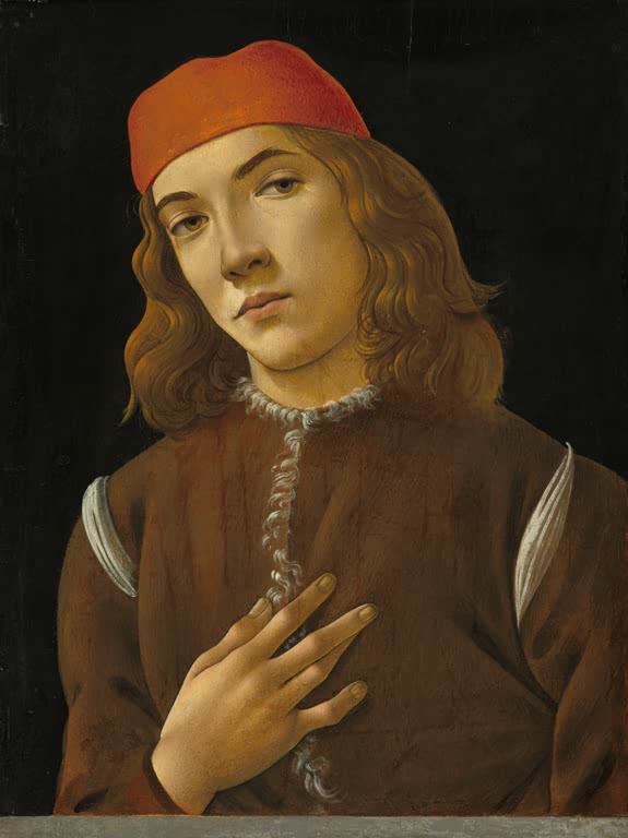 Junger Mann mit roter Kappe und lockigem Haar, Hand an der Brust – Sandro Botticelli Bildnis eines Jünglings Kunstkopie