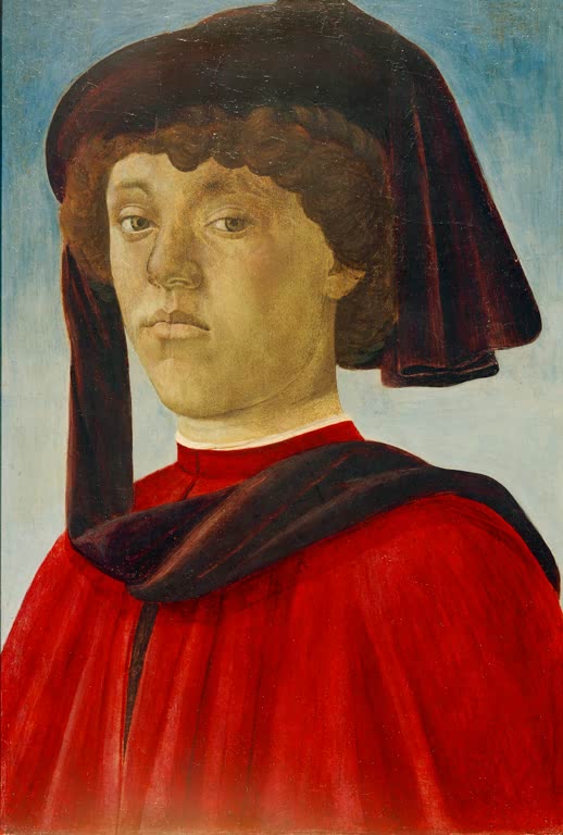 Junger Mann mit dunkler Kopfbedeckung und rotem Gewand – Sandro Botticelli Bildnis eines Jünglings Kunstkopie